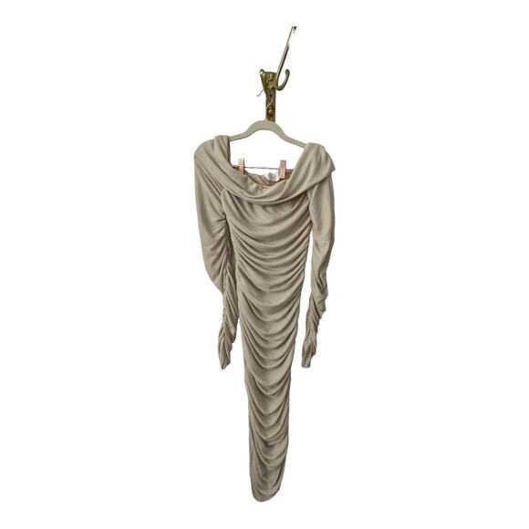 Bronx and Banco Amara Midi Dress Ruched Off the Shoulder Linen Neutral M/US 6 - Picture 4 of 16